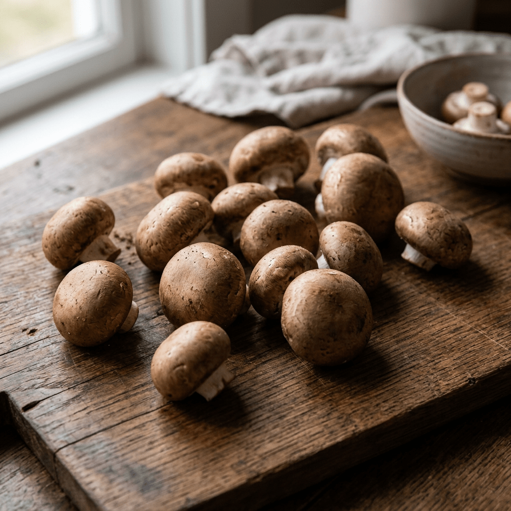 Fresh brown mushrooms on a wooden cutting board beside a bowl and cloth near window
