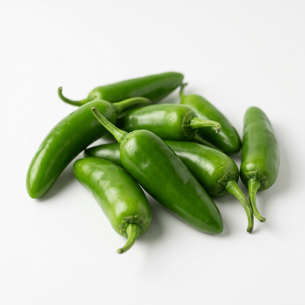 Pile of fresh green jalapeño peppers on white background