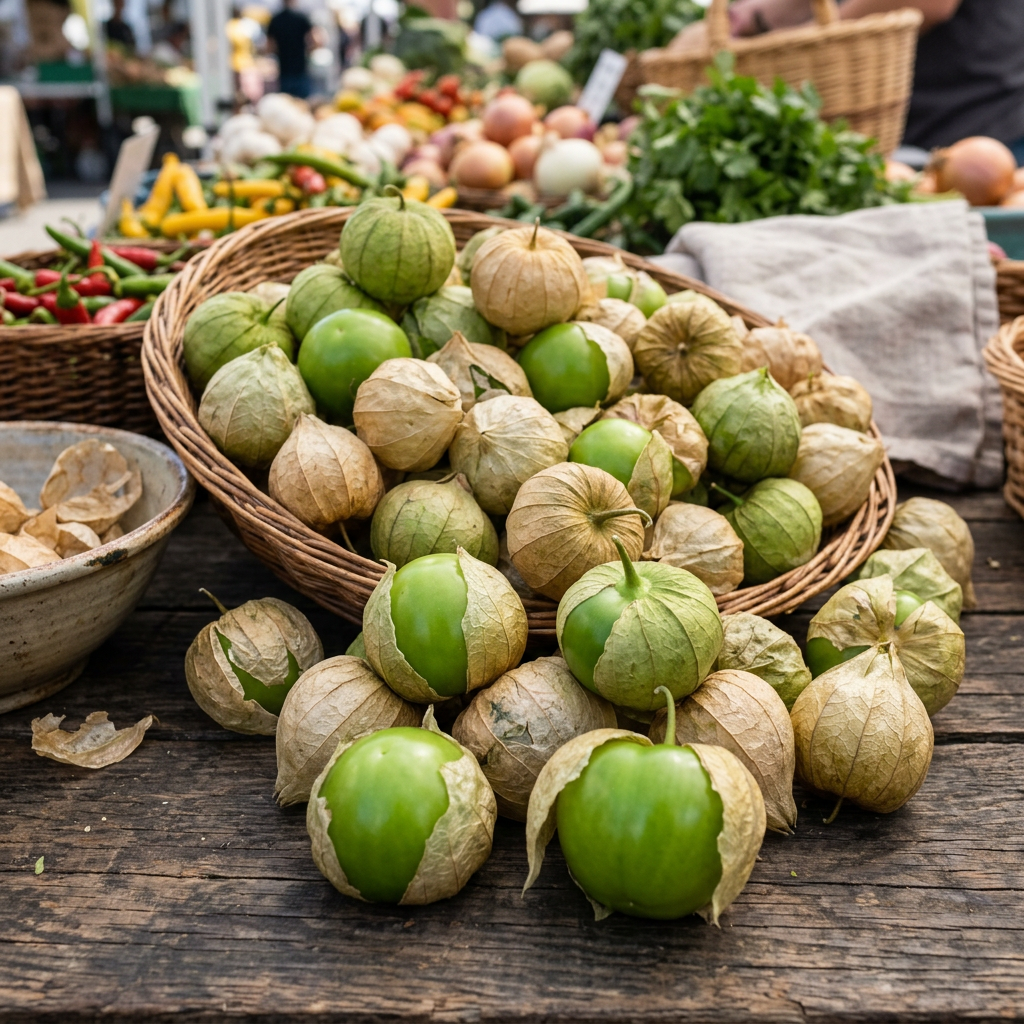 Green tomatillos with papery husks in a basket on a wooden table