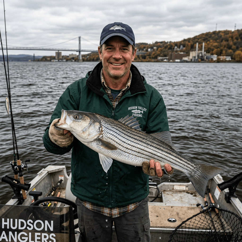 Man holding large striped bass on a boat with Hudson River and bridge in background