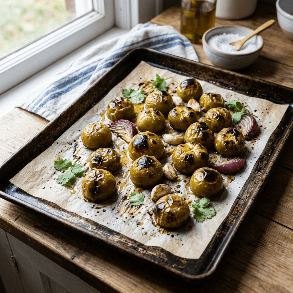 Roasted tomatillos charred on top with garlic cloves and red onion wedges on a baking sheet