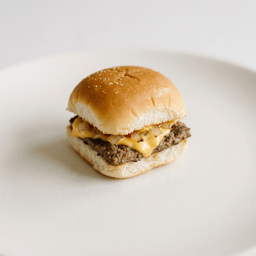 Cheeseburger slider with melted cheese and onions on a plain white plate