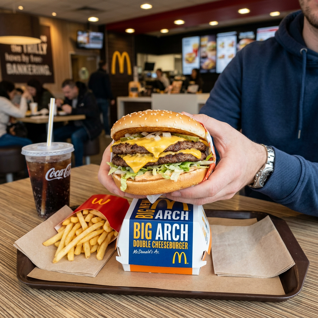 Big Arch Double Cheeseburger with two beef patties, cheese, lettuce, and onions with fries and Coca-Cola on a tray at McDonald's