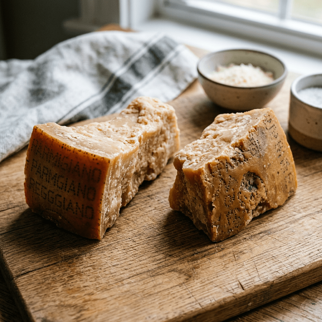 Two chunks of Parmigiano-Reggiano cheese on a wooden cutting board with seasoning bowls nearby