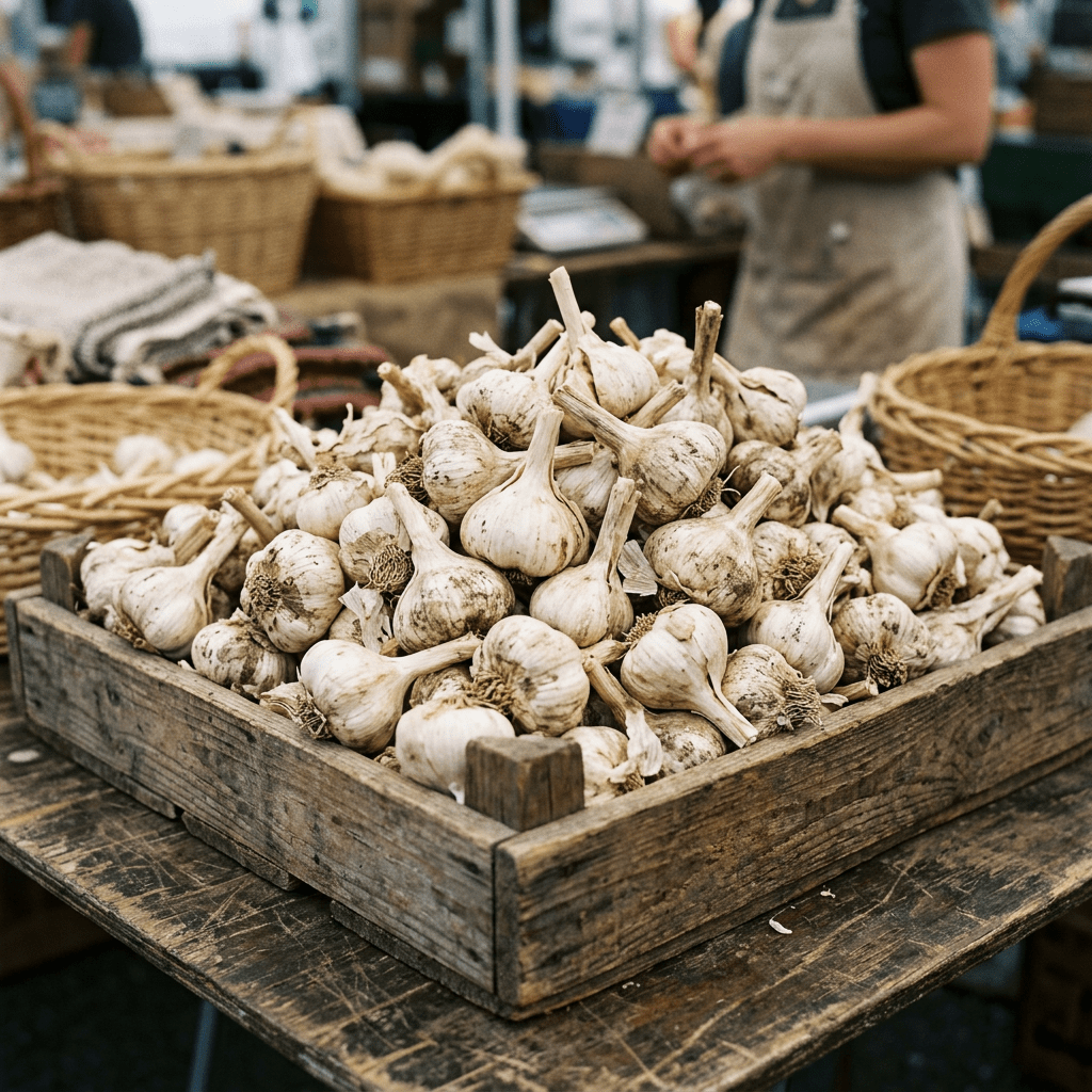 Wooden crate filled with fresh garlic bulbs on a rustic table