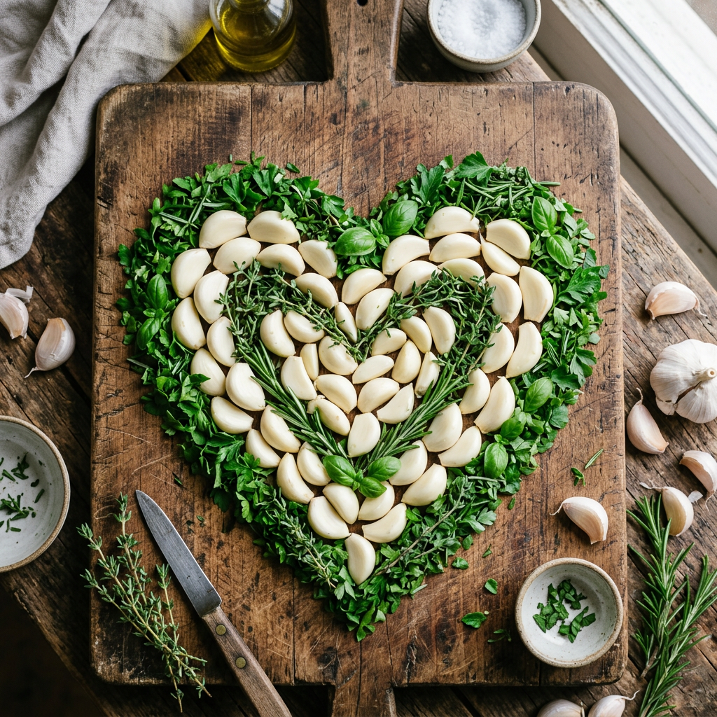 Heart shape formed with garlic cloves and green herbs on wooden cutting board