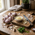 Chopped garlic cloves in bowl and on cutting board with garlic bulbs and parsley sprigs
