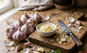 Chopped garlic cloves in bowl and on cutting board with garlic bulbs and parsley sprigs