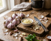 Chopped garlic cloves in bowl and on cutting board with garlic bulbs and parsley sprigs