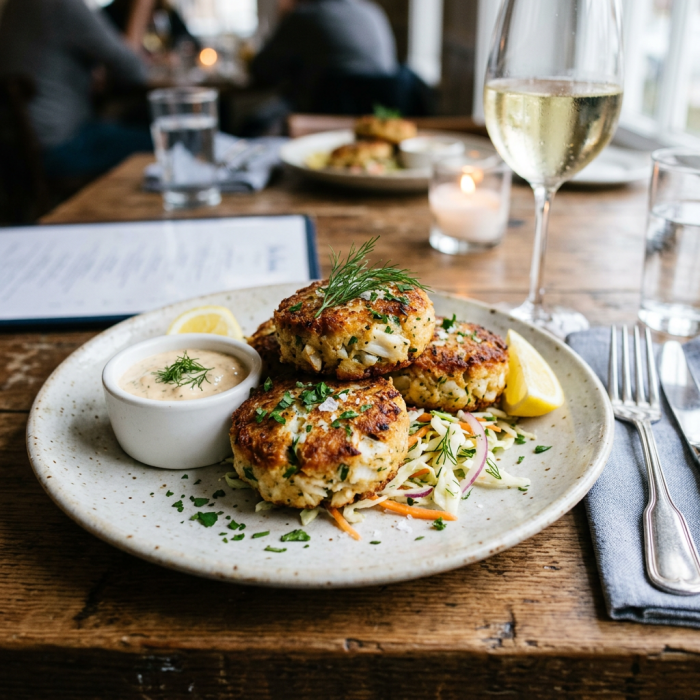 Three golden crab cakes garnished with herbs, served with lemon wedges, coleslaw, and a small bowl of dipping sauce on a beige plate