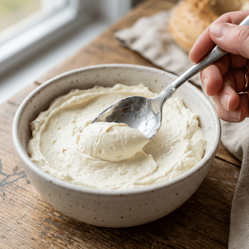 Creamy mascarpone cheese in a speckled ceramic bowl with a spoon lifting a portion