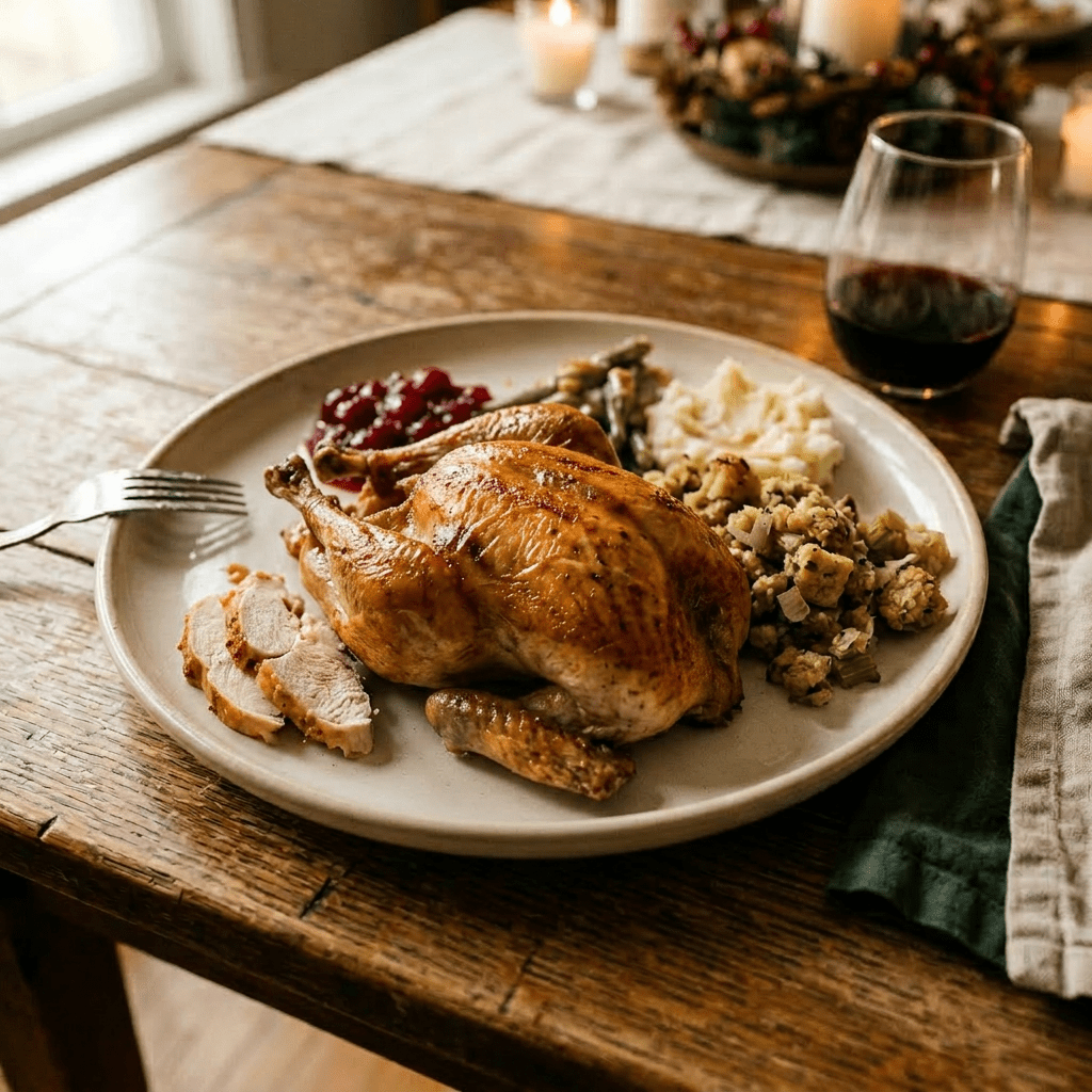 Plate with sliced turkey, stuffing, green beans, mashed potatoes, and cranberry sauce