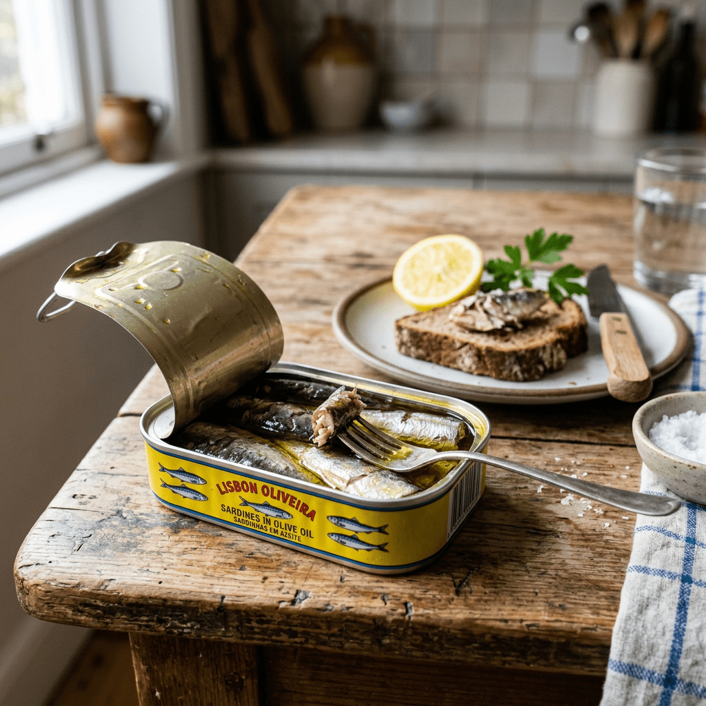 Open tin of sardines in olive oil with a fork resting on it