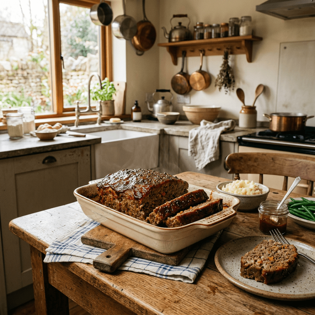 Sliced meatloaf in a baking dish with mashed potatoes and green beans on a wooden table