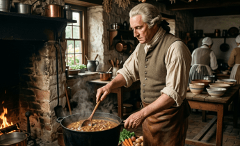 Man in colonial clothing stirring a pot over an open fire in a rustic stone kitchen