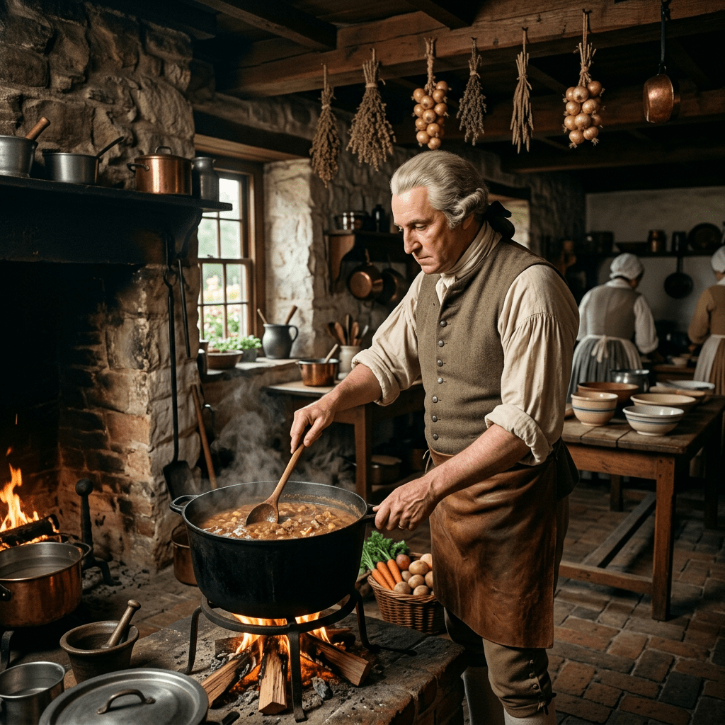 Man in colonial clothing stirring a pot over an open fire in a rustic stone kitchen