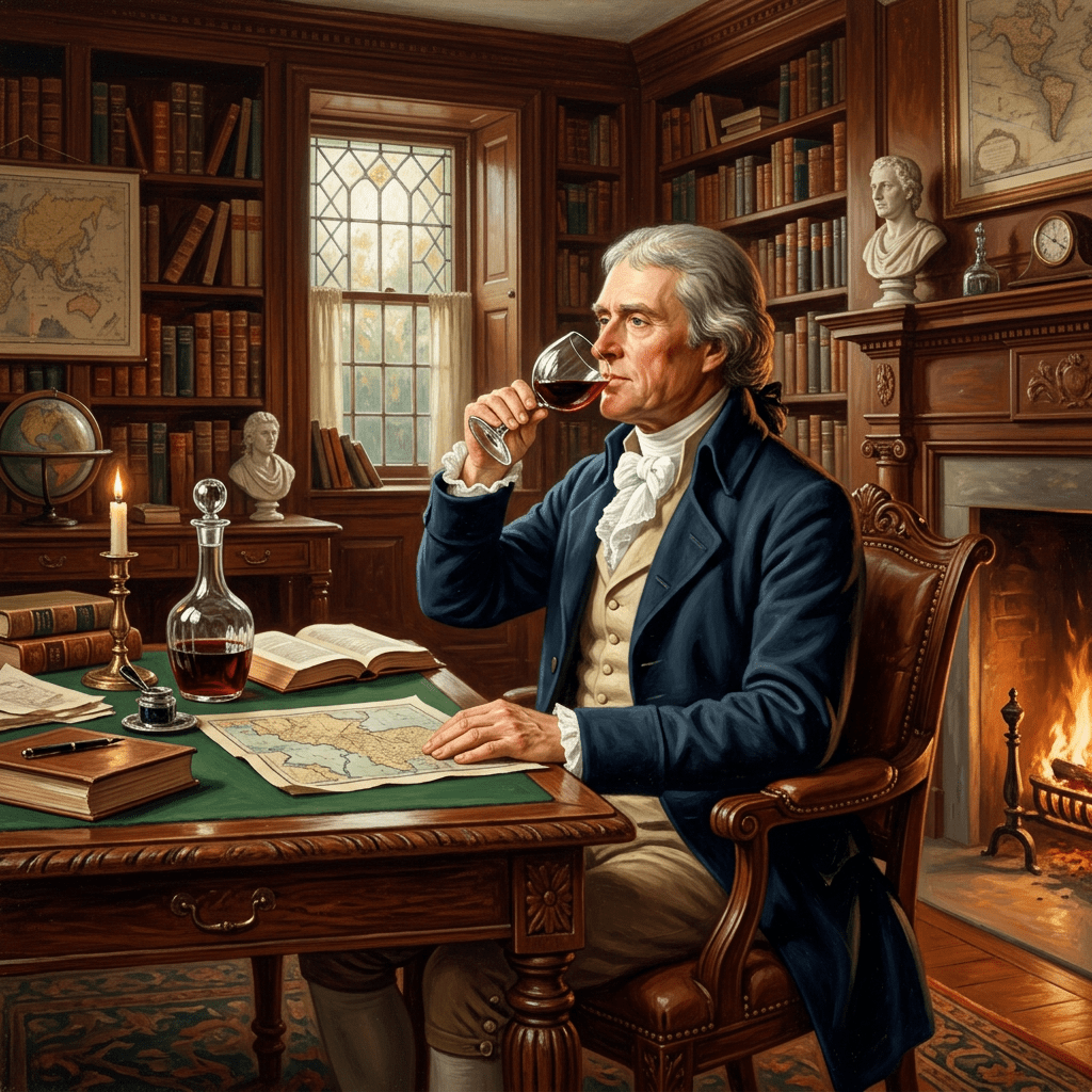 Man in 18th-century clothing sipping red wine in a wood-paneled library with maps and books