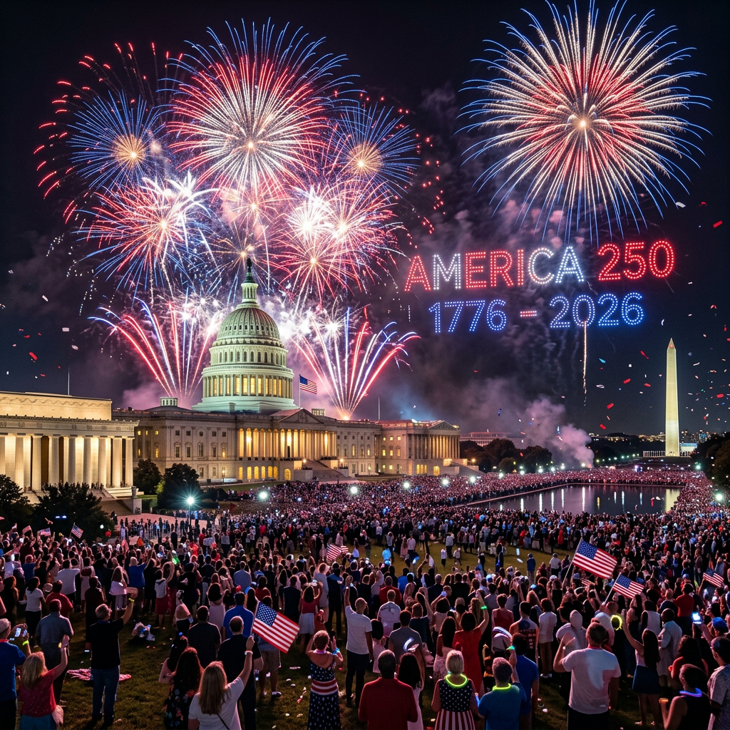 Fireworks over U.S. Capitol with America 250 1776-2026 lit in lights