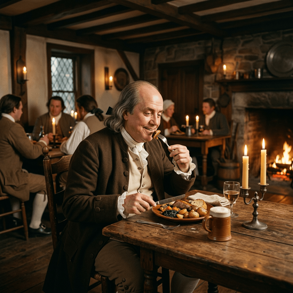 Man in 18th-century clothing eating a meal with potatoes and vegetables at a wooden table in a tavern with candles and fireplace