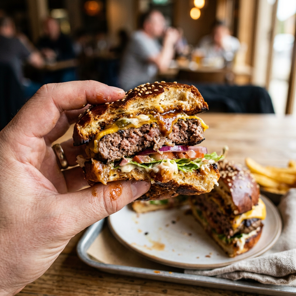 Hand holding a half-eaten cheeseburger with cheese, lettuce, tomato, and onions