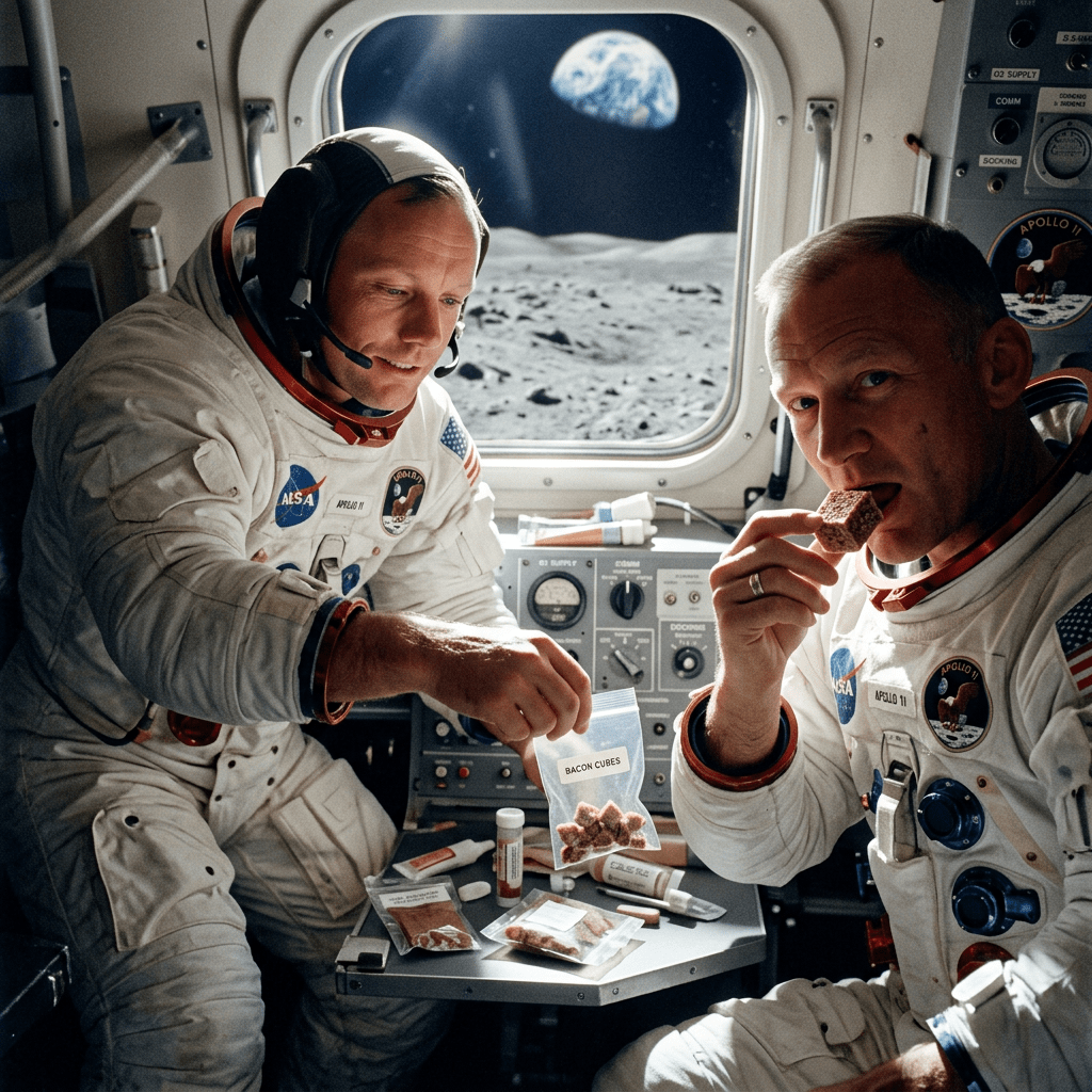 Two Apollo 11 astronauts handling labeled bacon cubes inside spacecraft