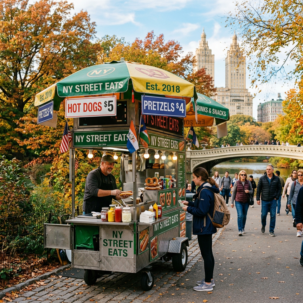 Street food cart selling hot dogs and pretzels beside a Central Park bridge