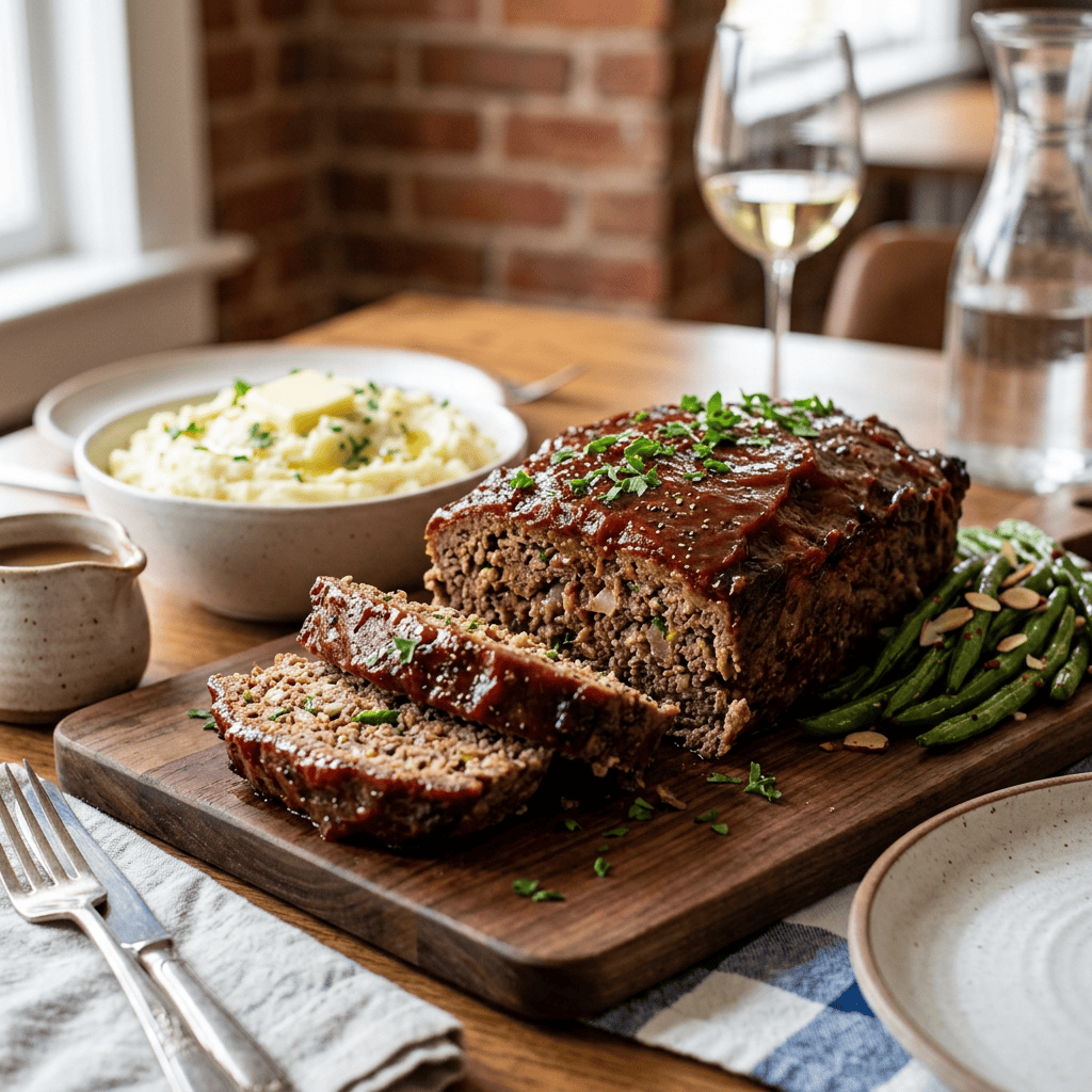 Sliced glazed meatloaf with mashed potatoes and green beans on a wooden board