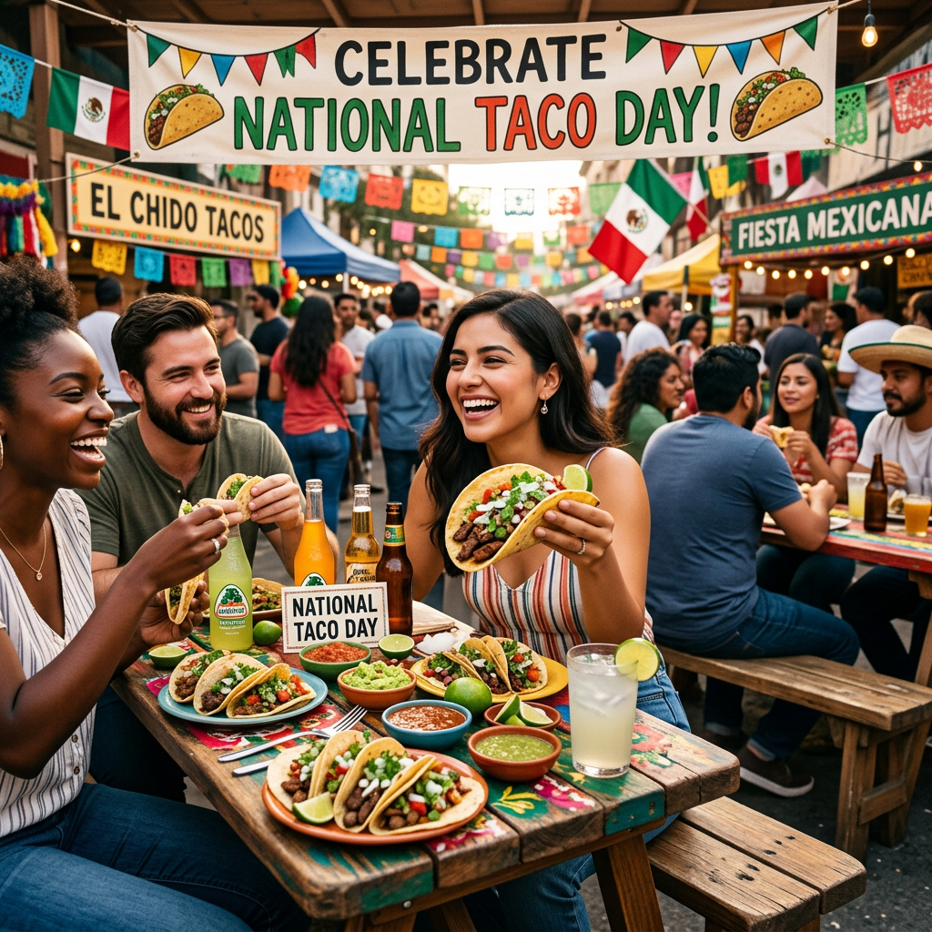 Friends eating tacos beneath a National Taco Day banner at a Mexican festival