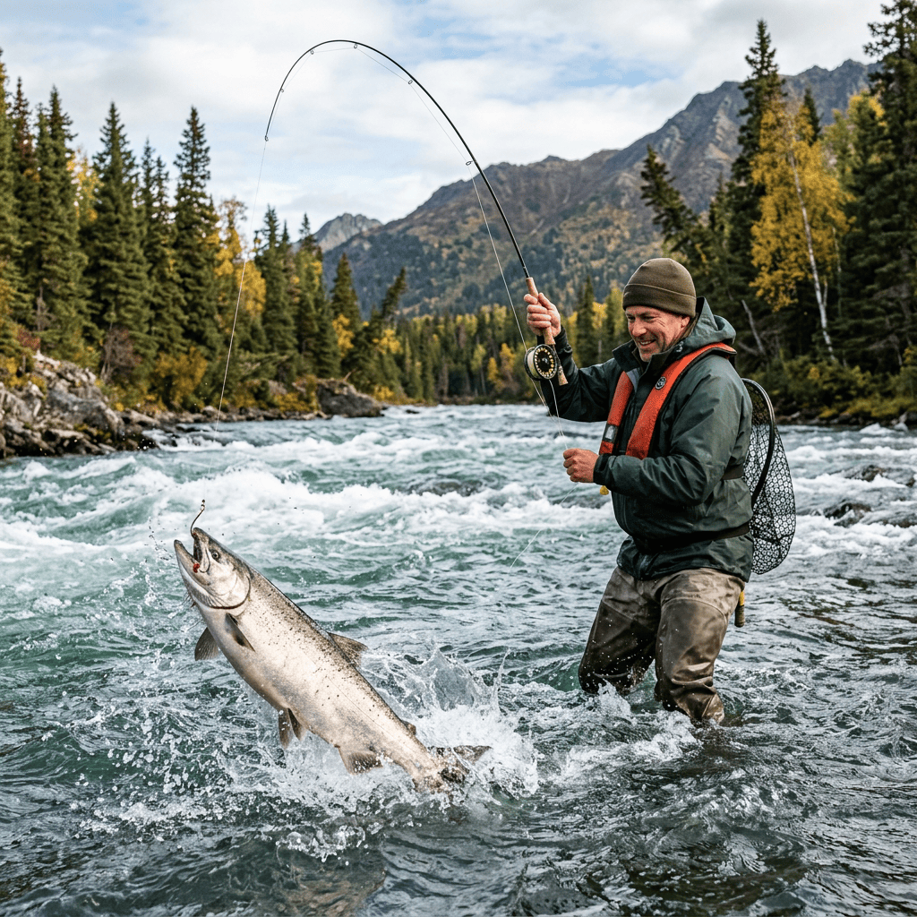 Angler fly-fishing as a large fish leaps from a mountain river