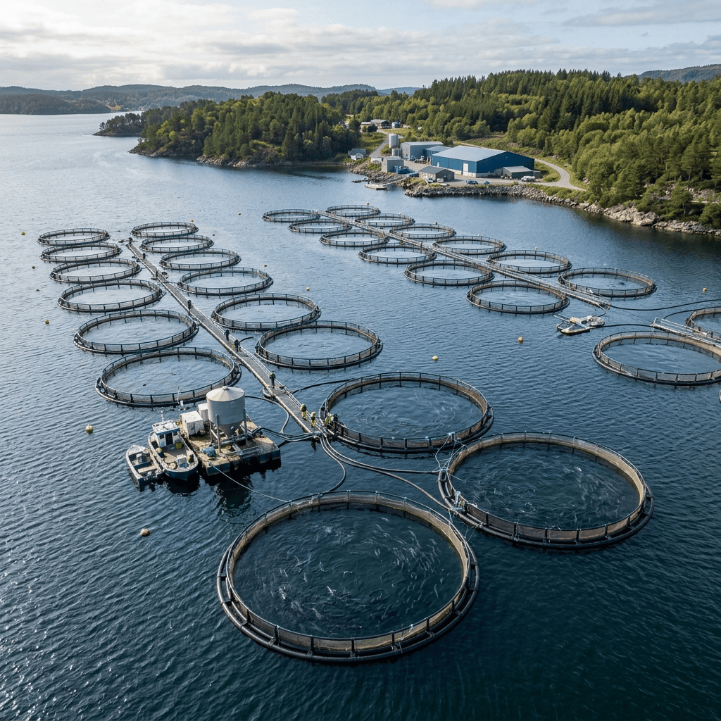 Aerial view of circular fish pens in a forested fjord