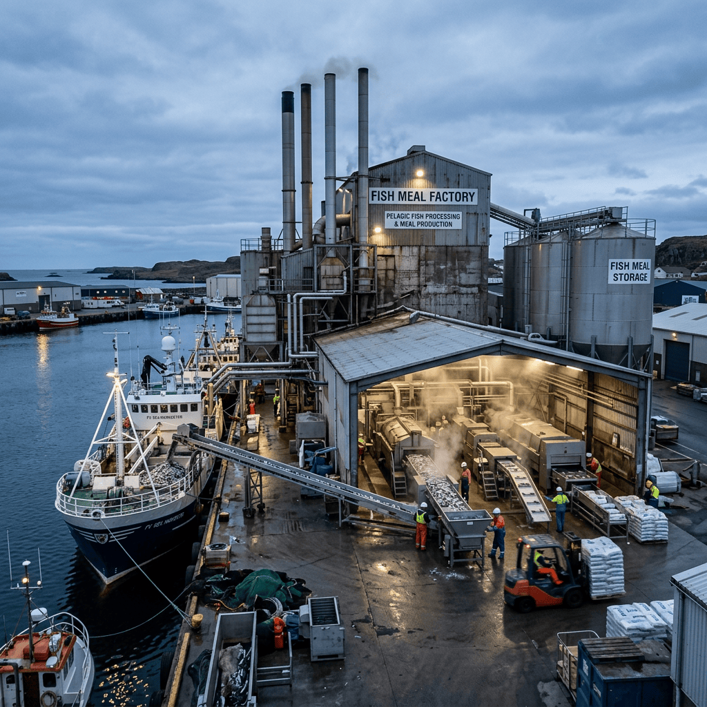 Fish meal factory processing fish beside fishing vessels at a coastal harbor