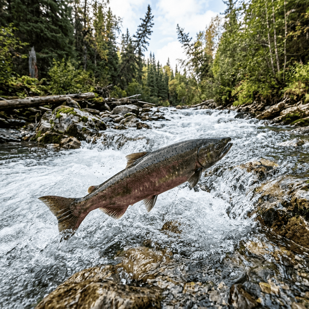 Salmon leaping above a rocky forest stream