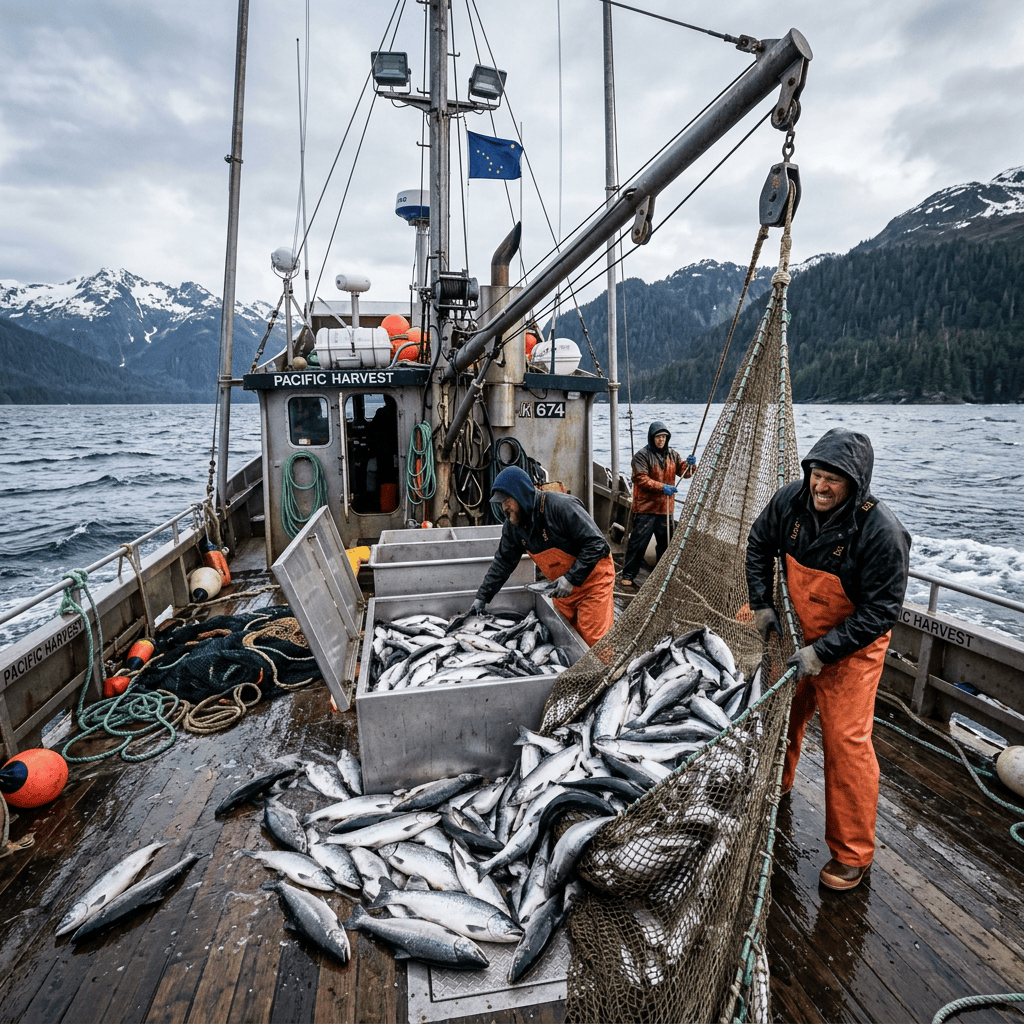 Fishermen unloading a large catch of fish aboard the Pacific Harvest boat