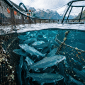 Salmon swimming in a net pen beneath snowy mountain peaks