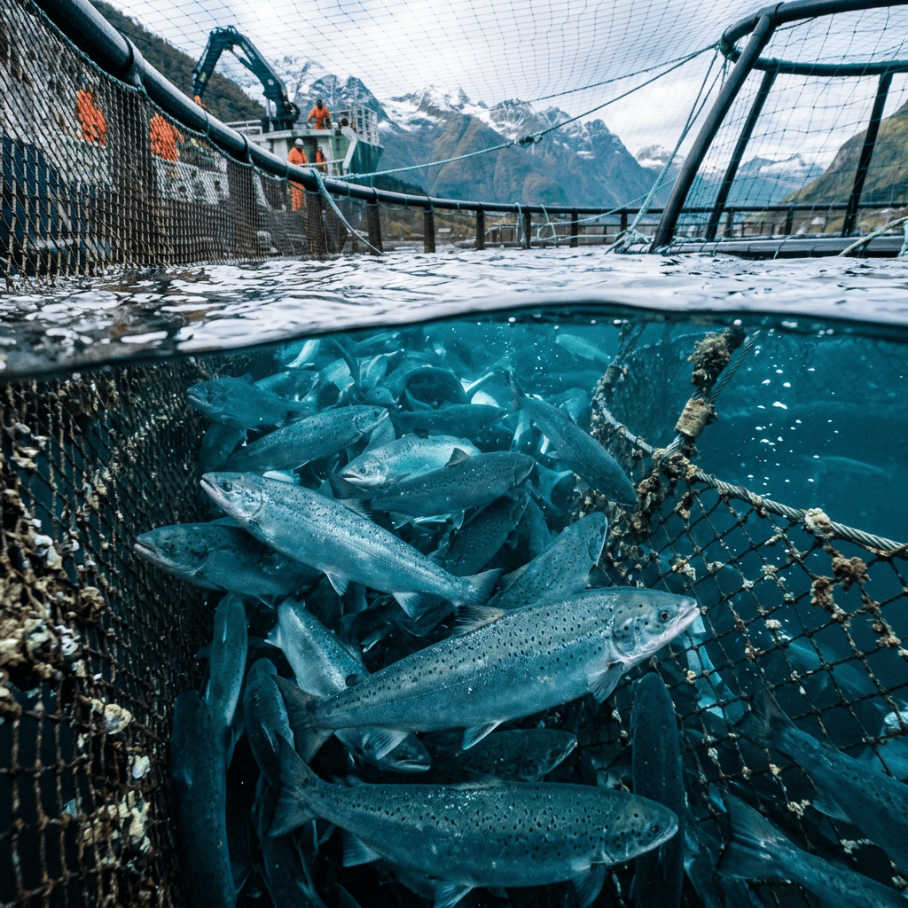 Salmon swimming in a net pen beneath snowy mountain peaks