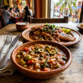 Mexican meal with saucy fish and vegetables in clay dishes