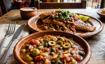 Mexican meal with saucy fish and vegetables in clay dishes