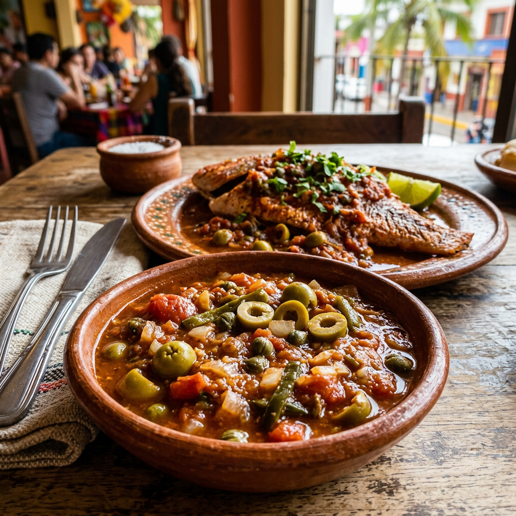 Mexican meal with saucy fish and vegetables in clay dishes
