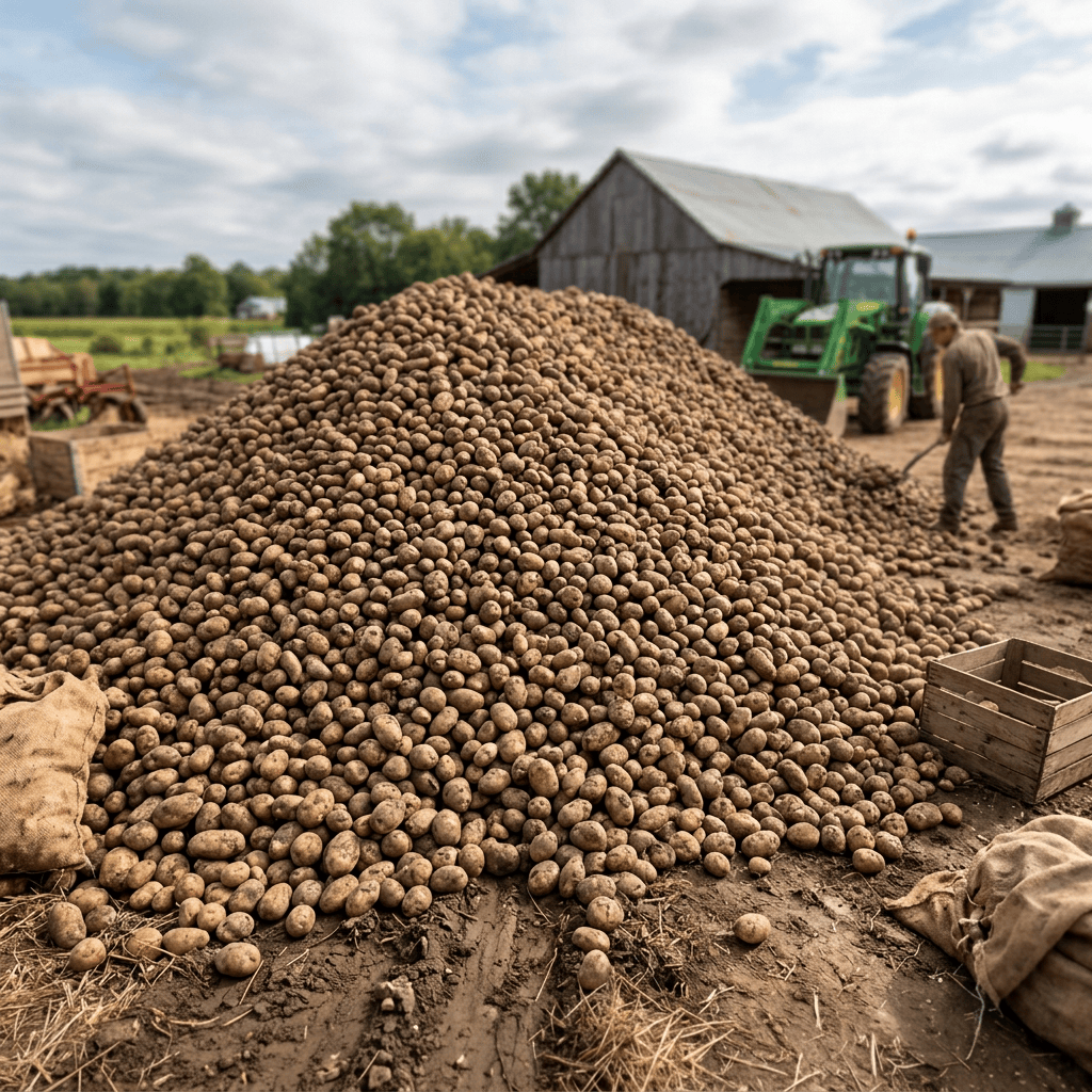 Farmer sorting a large pile of potatoes beside a tractor and barn