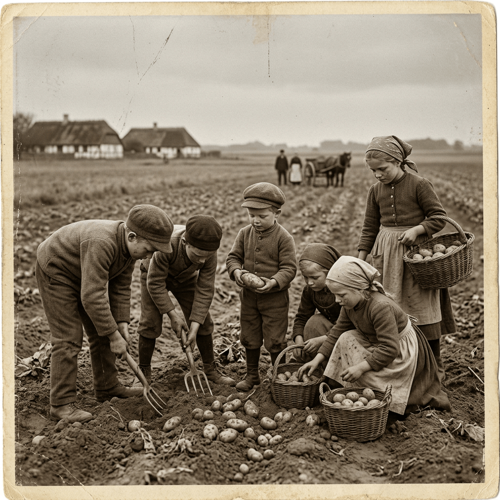 Children harvesting potatoes by hand in a rural field